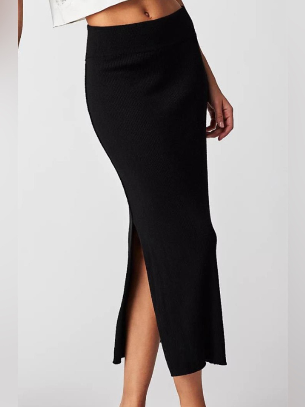 Free People Golden Hour Black Ribbed Knit Midi Skirt with Side Slit - Size L